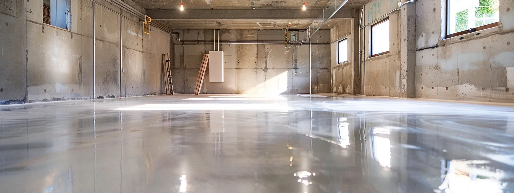 a brightly lit residential basement showcases the waterproofing process, featuring exposed concrete walls where a contractor expertly applies waterproofing membranes, seals cracks with hydraulic cement, and prepares to install a sump pump, all within a clean and professional workspace.