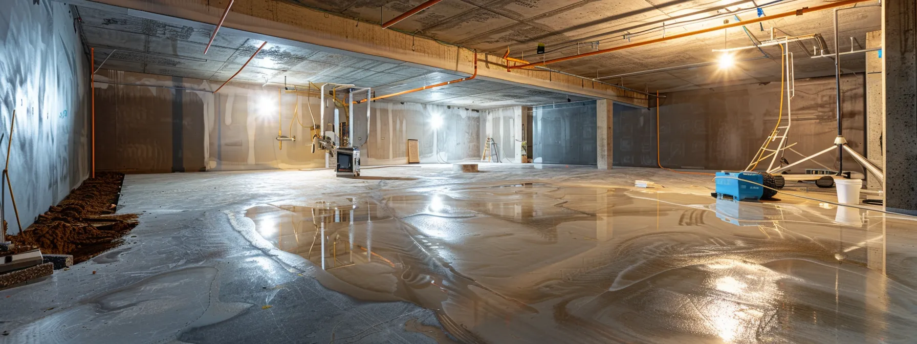 a well-lit basement showcases a professional waterproofing process, featuring exposed concrete walls as contractors skillfully apply waterproofing membranes, seal cracks with hydraulic cement, and prepare a sump pump in a clean and organized workspace.