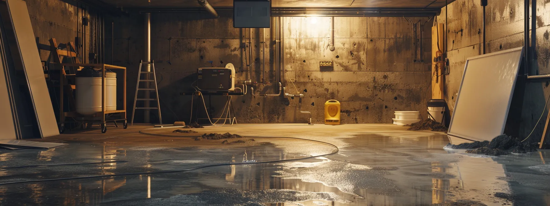 a well-lit basement showcases a professional waterproofing process, featuring exposed concrete walls, a contractor applying waterproof membranes, and a sump pump ready for installation in a clean and organized workspace.
