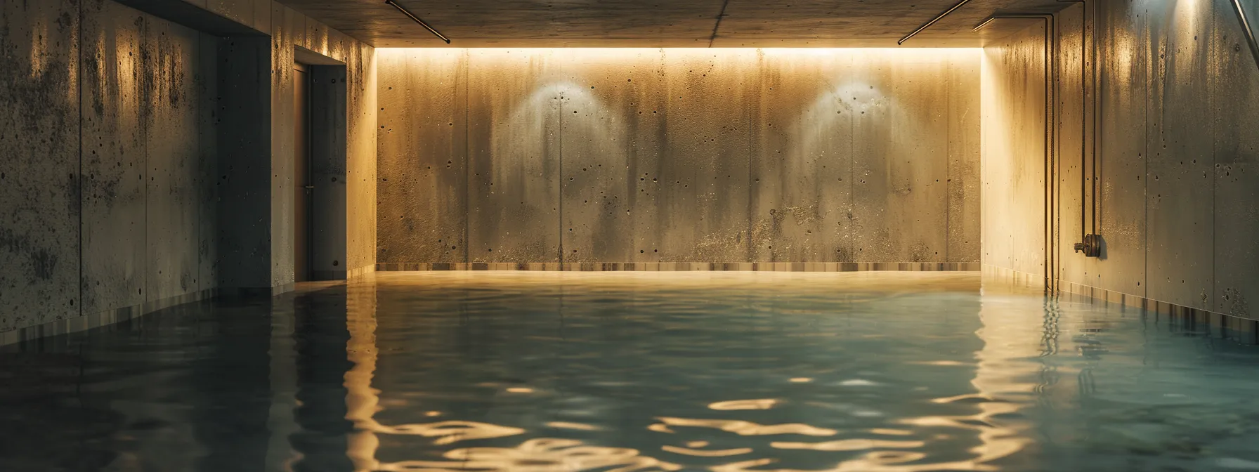 a well-lit residential basement showcases the waterproofing process, featuring exposed concrete walls and floors, as contractors apply membranes, seal cracks with hydraulic cement, and install a french drain, exemplifying proactive measures for maintaining a healthy environment.