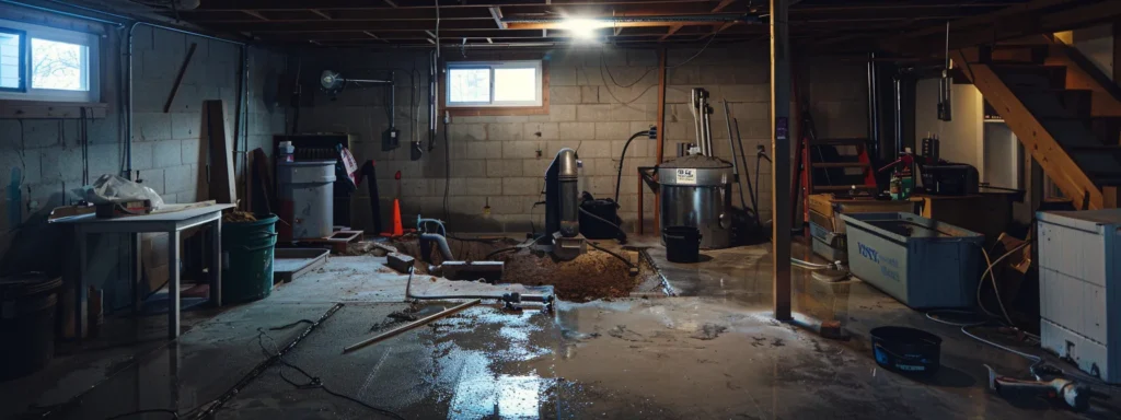 a well-lit basement features exposed concrete walls and flooring, showcasing a waterproofing process where a contractor applies hydraulic cement to seal cracks while another installs a french drain, with a sump pump ready for installation in a clean and professional workspace.