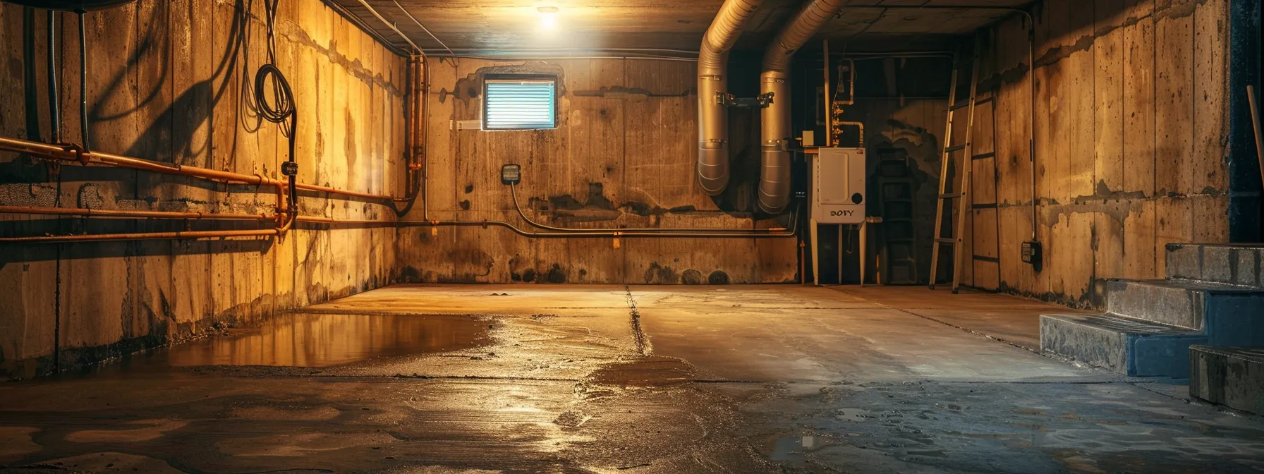 a well-lit residential basement showcases the proactive waterproofing process, featuring exposed concrete walls as a contractor applies hydraulic cement to seal cracks, while a french drain is installed along the perimeter and a sump pump awaits placement in the corner.