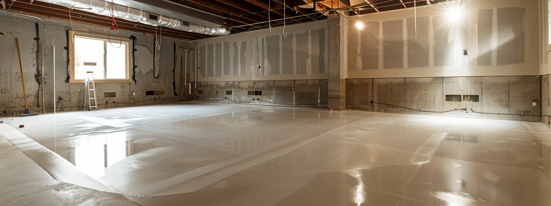 a well-lit residential basement showcasing a professional waterproofing process, featuring exposed concrete walls, the application of waterproofing membranes, and a contractor sealing cracks with hydraulic cement while another installs a french drain, all contributing to a mold-free environment.