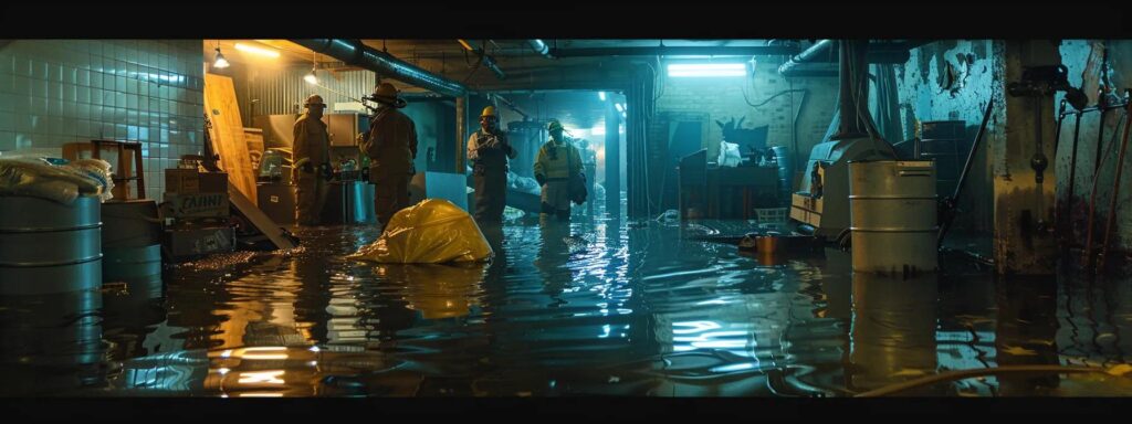 an urgent scene depicts a dedicated team in a dimly lit basement, using heavy-duty pumps and barriers to rapidly mitigate flooding while surrounded by emergency equipment, emphasizing swift action against water intrusion.