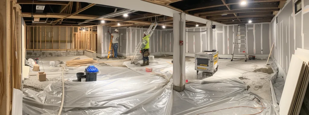 a well-lit residential basement showcases the waterproofing process, featuring exposed concrete walls as contractors in safety gear diligently apply membranes, seal cracks with hydraulic cement, and prepare to install a french drain and sump pump, all in a clean, professional workspace.