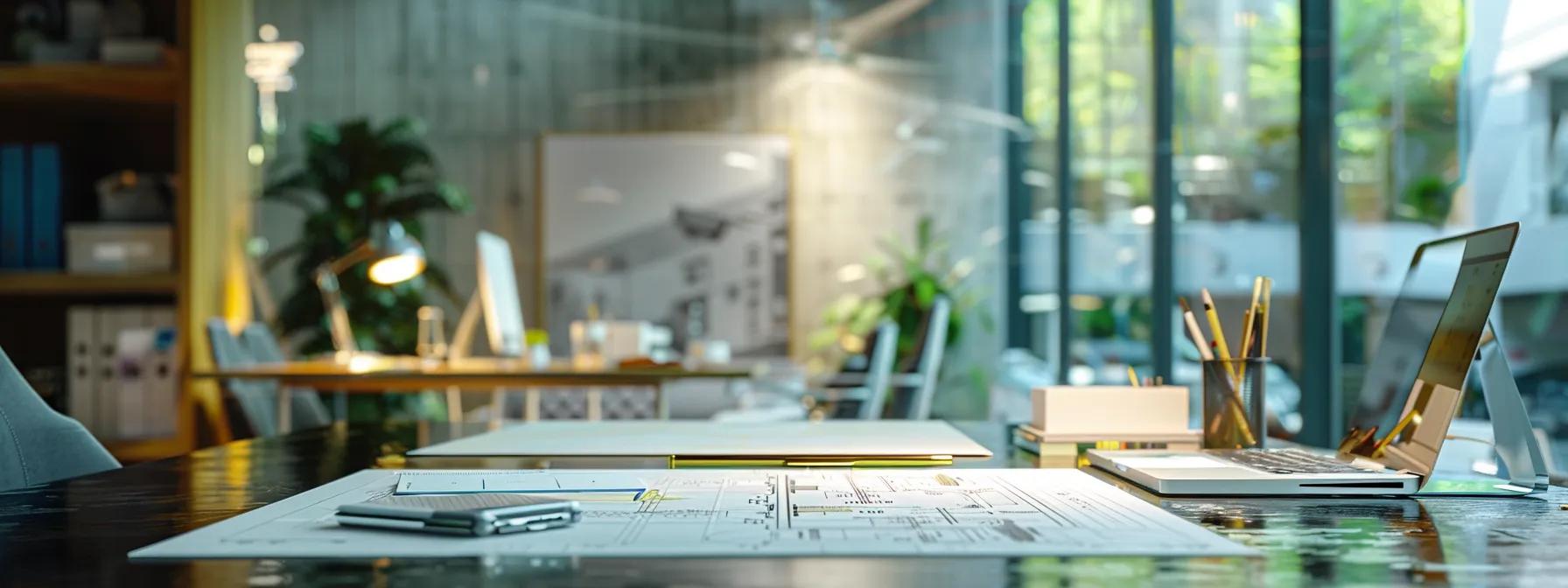 a modern office interior showcases a professional consultation between a customer and a waterproofing expert, featuring detailed project plans and samples prominently displayed on a sleek conference table, emphasizing trust and reliability in the selection process.
