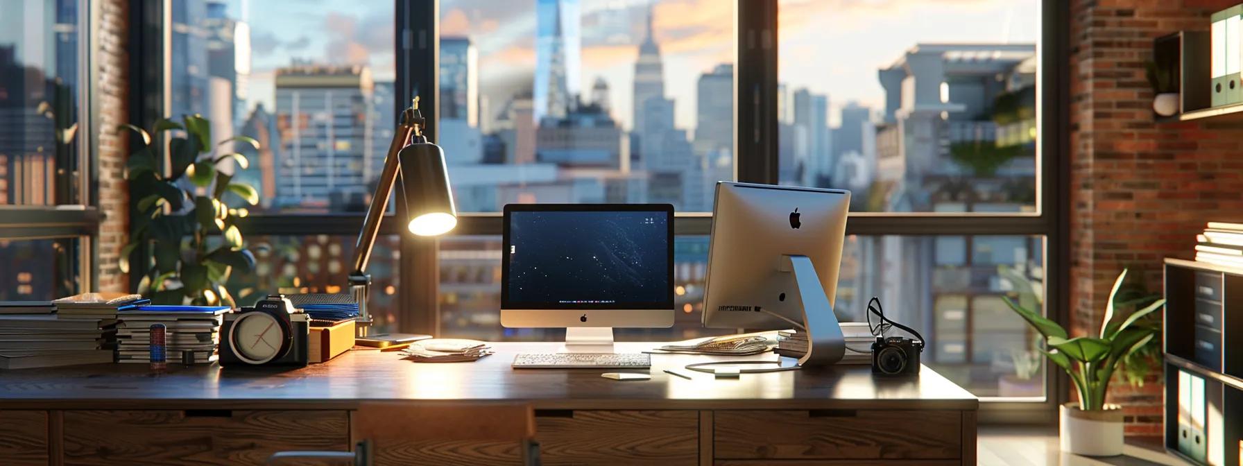 a modern office setting featuring a sleek workspace with waterproofing materials on display, highlighting various economical solutions against a backdrop of urban architecture.