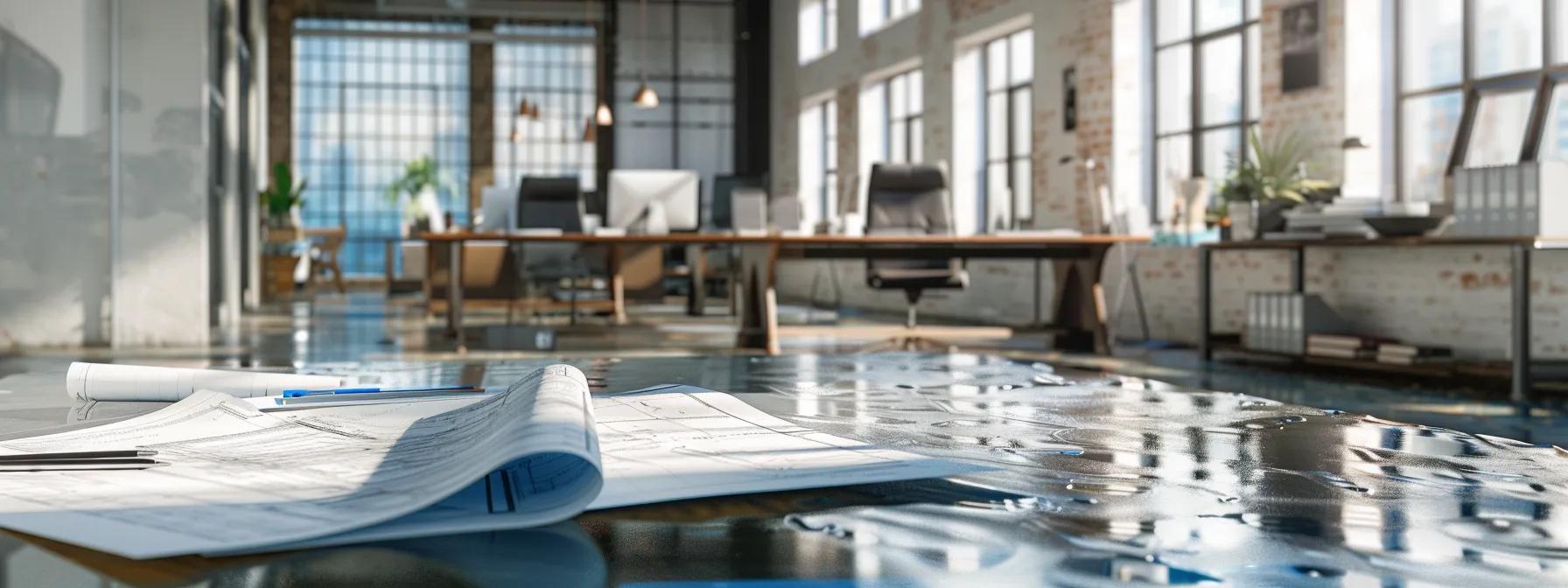 a sleek, modern office interior is highlighted, featuring a focus on a polished boardroom table surrounded by blueprints and waterproofing materials, emphasizing the strategic planning behind timely waterproofing solutions and their financial advantages.