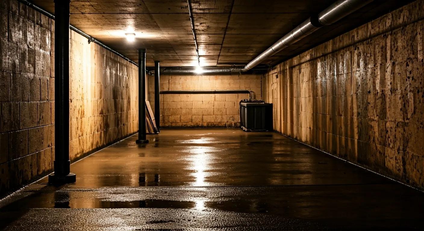 a dimly lit basement reveals water stains on the walls and a wet floor, highlighting the urgent need for waterproofing solutions amidst exposed brick and concrete surroundings.