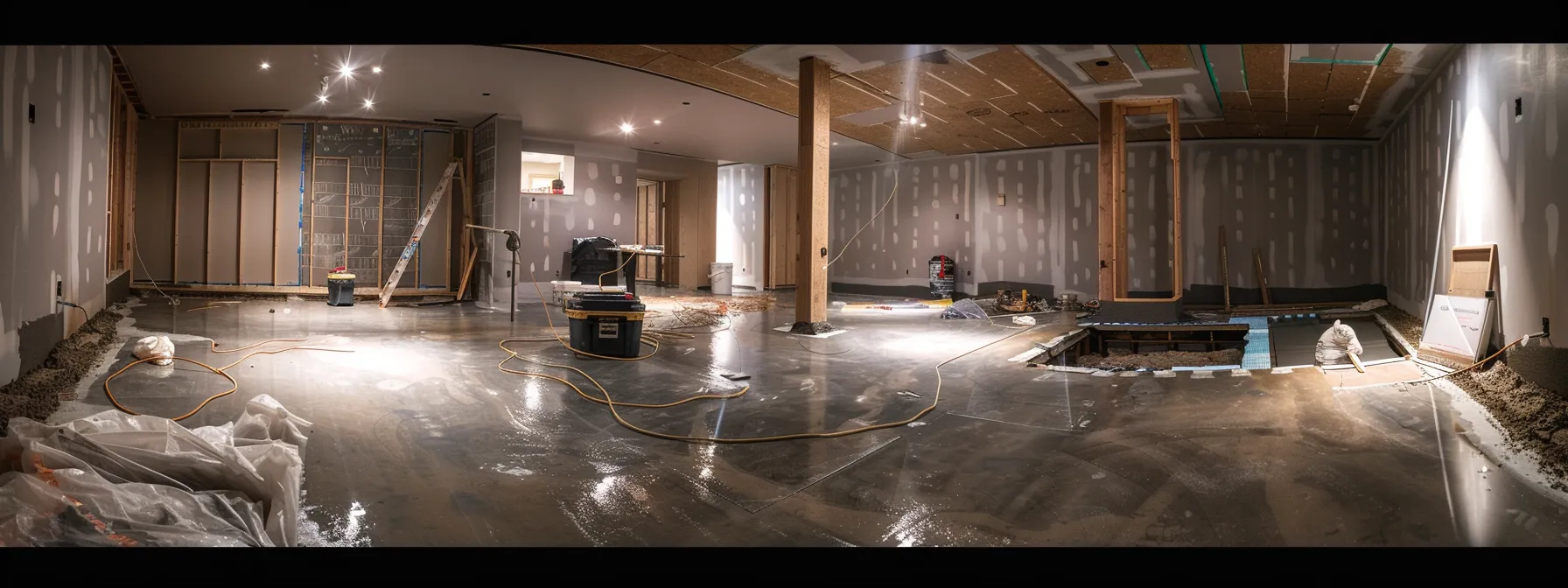 a well-lit residential basement showcases the waterproofing process, featuring exposed concrete walls and flooring, as contractors diligently apply waterproofing membranes and install a french drain, with a sump pump ready for placement in a clean and professional workspace.