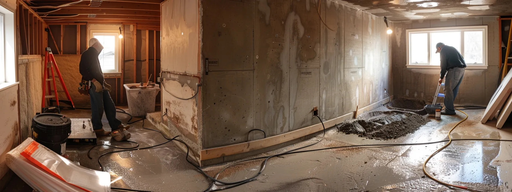 a well-lit residential basement showcases the waterproofing process, featuring exposed concrete walls where a contractor expertly applies hydraulic cement to seal cracks, while another installs a french drain, all within a clean and professional workspace.