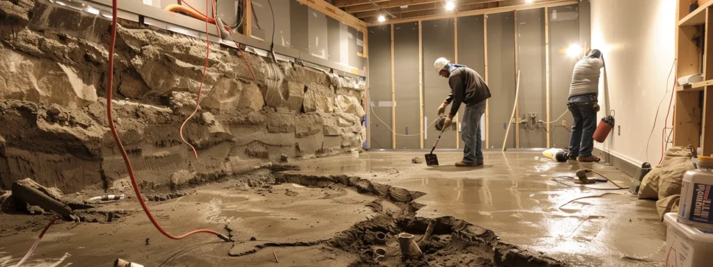 a well-lit residential basement showcases the waterproofing process with exposed concrete walls, a contractor applying hydraulic cement to seal cracks, and another installing a french drain, emphasizing a clean and professional workspace ready for effective water management solutions.