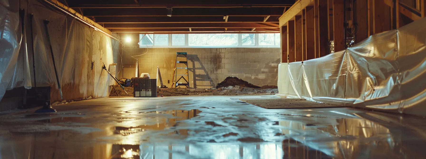a well-lit residential basement showcases the meticulous waterproofing process, featuring exposed concrete walls with waterproofing membranes being applied, a contractor sealing cracks with hydraulic cement, and a french drain being installed, all set in a clean and professional workspace.