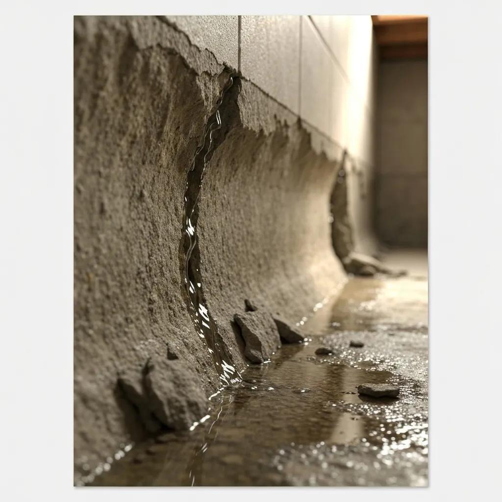 A detailed view of cracks in a basement wall with visible water seepage, illustrating the challenges of basement waterproofing.