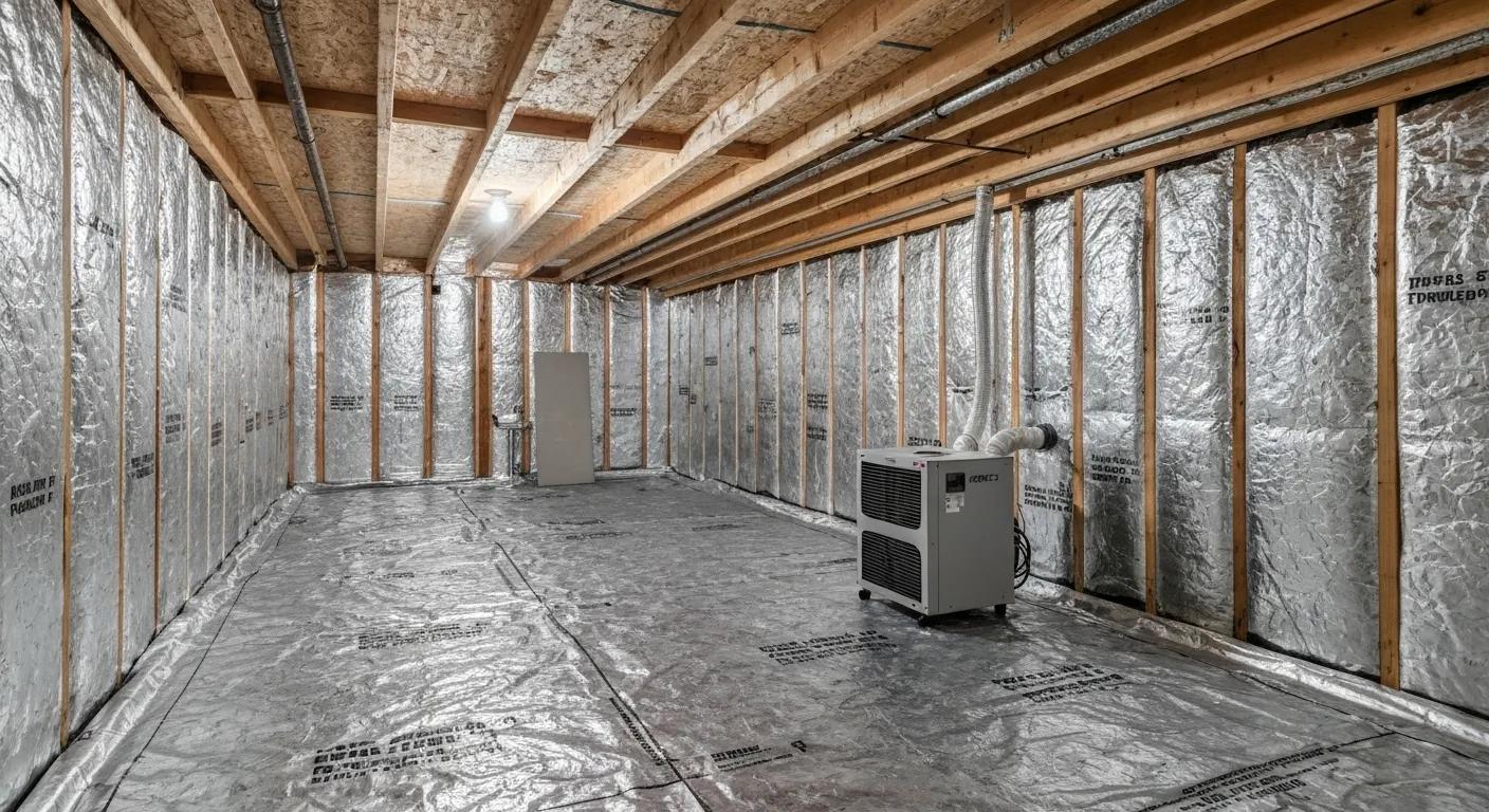 A professionally encapsulated crawl space featuring a robust vapor barrier, a dehumidifier, and insulation, all contributing to superior moisture control and improved air quality.