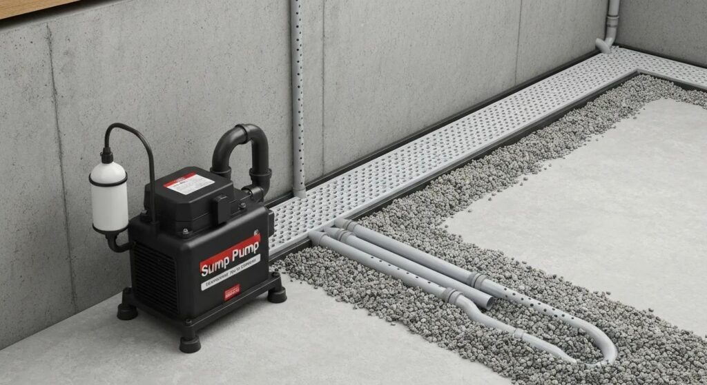 Expertly installed basement waterproofing systems, featuring a sump pump and French drain, ensuring a dry and healthy basement environment.