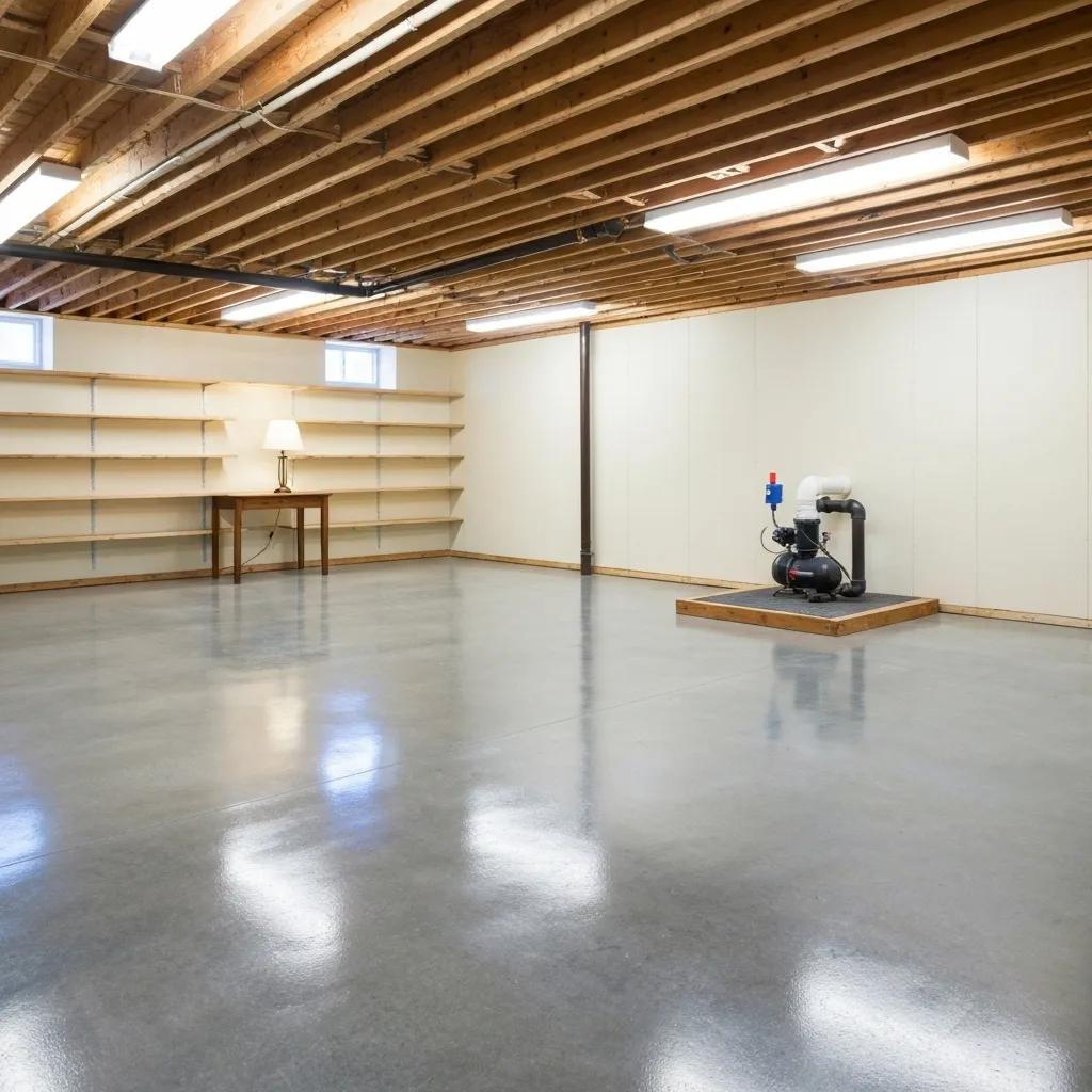 A pristine, dry basement showcasing the effectiveness of ADry Basement Waterproofing's solutions in preventing mold