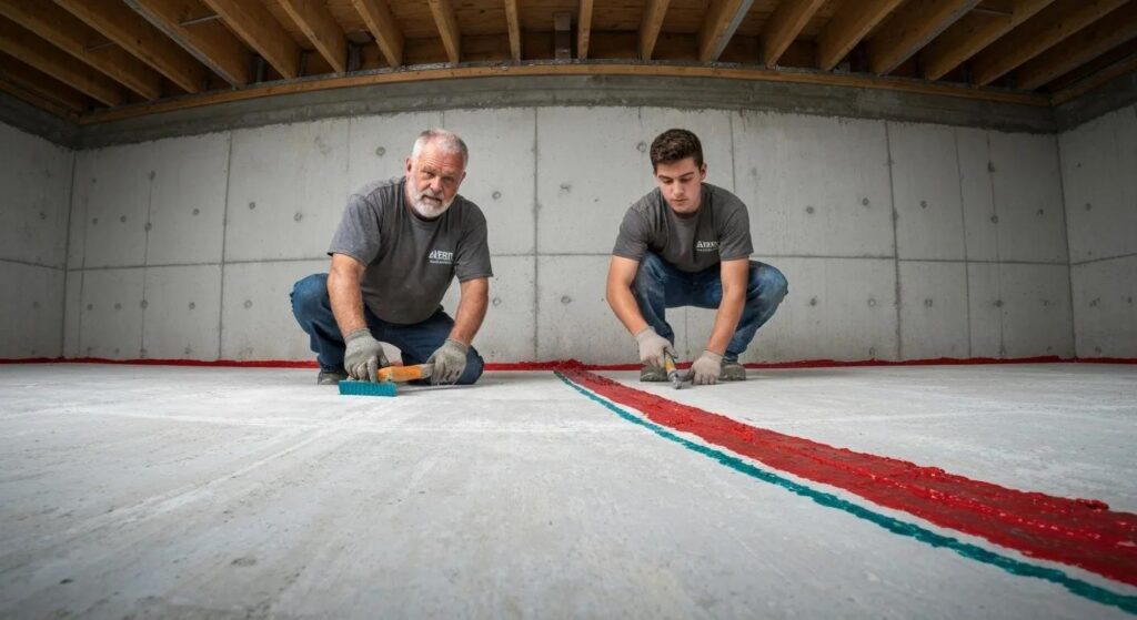 Expert team from ADry Basement Waterproofing Albany meticulously sealing a foundation to ensure a dry and secure home