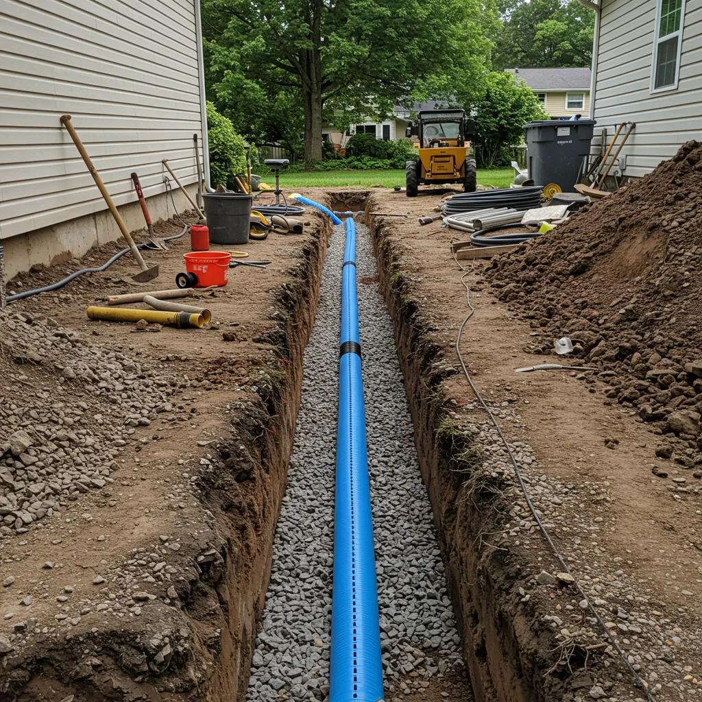 Trench with gravel and perforated pipe being installed for a French drain beside a house foundation