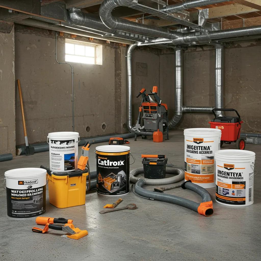 Various basement sealing techniques including waterproof coatings and drainage systems in a well-lit basement environment